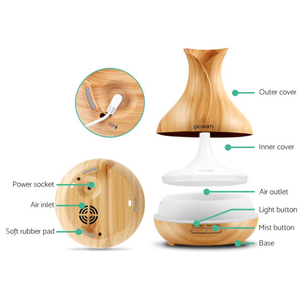 Devanti 400ml 4 in 1 Aroma Diffuser remote control - Light Wood - Image 3