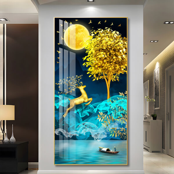 Bright Moon shining its Golden light on a Golden Deer and Golden Money Tree Crystal porcelain painting Aluminum alloy frame with 5D Diamond - Image 4