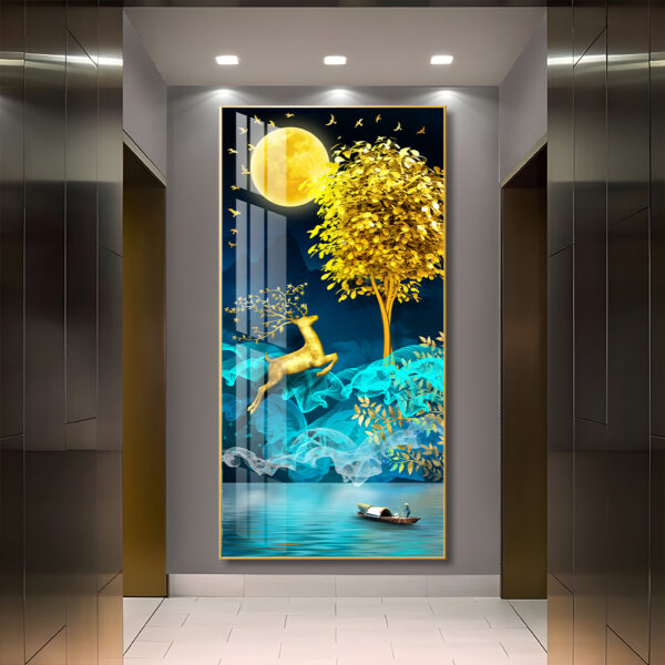 Bright Moon shining its Golden light on a Golden Deer and Golden Money Tree Crystal porcelain painting Aluminum alloy frame with 5D Diamond - Image 3