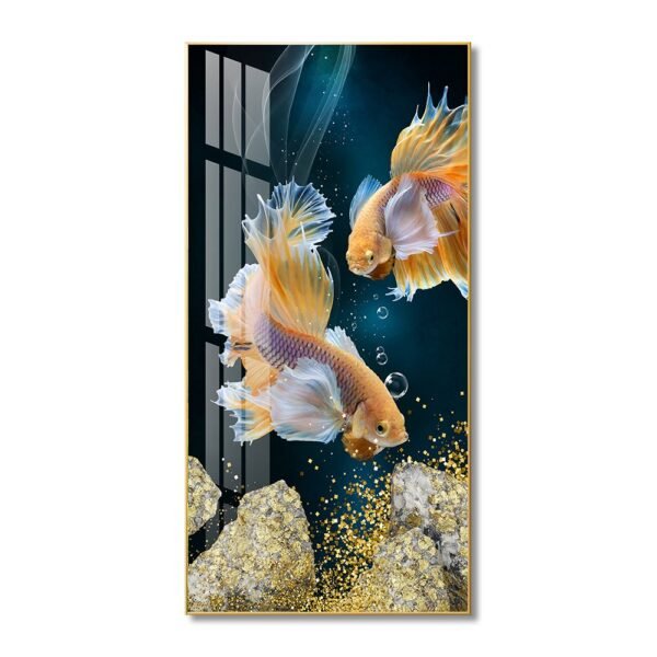 Two Betta Fish Splashed For Gold Crystal porcelain painting Aluminum alloy frame with 5D Diamond