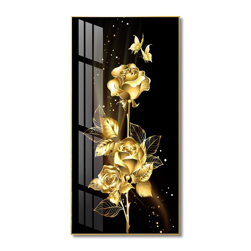 3 Golden Abstract Flower Crystal porcelain painting Aluminum alloy frame with 5D Diamond - Image 1
