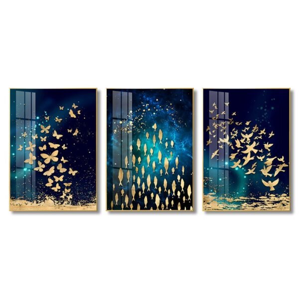 3 piece Golden Butterfly, Fish and Birds Crystal porcelain painting with Aluminum alloy frame and 5D Diamond
