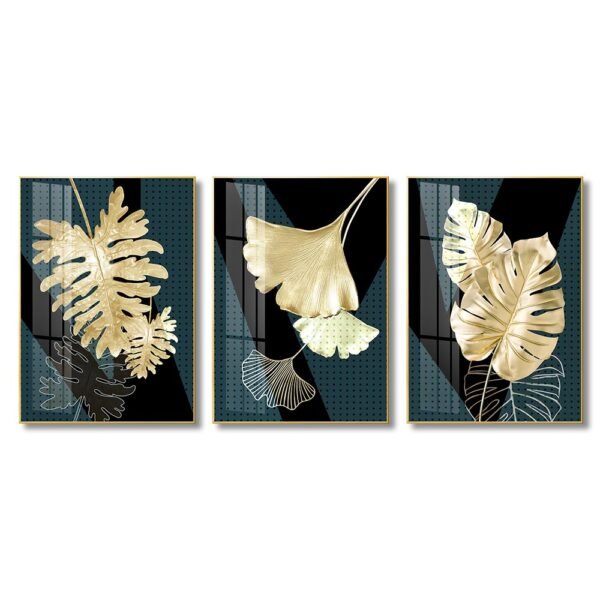 3 piece Golden leaf Crystal porcelain painting with Aluminum alloy frame and 5D Diamond