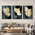 3 piece Golden leaf Crystal porcelain painting with Aluminum alloy frame and 5D Diamond - Image 2