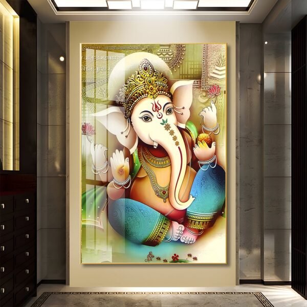 Lord Gunesha Hindu Vastu Shastra Crystal Porcelain painting with Aluminium Alloy Frame