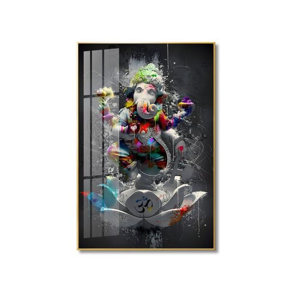 Lord Gunesha Hindu Vastu Shastra Crystal Porcelain painting with Aluminium Alloy Frame