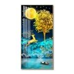 Bright Moon shining its Golden light on a Golden Deer and Golden Money Tree Crystal porcelain painting Aluminum alloy frame with 5D Diamond