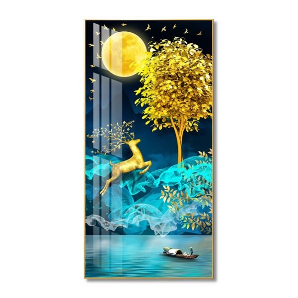 Bright Moon shining its Golden light on a Golden Deer and Golden Money Tree Crystal porcelain painting Aluminum alloy frame with 5D Diamond