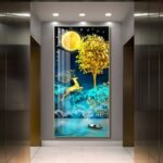 Bright Moon shining its Golden light on a Golden Deer and Golden Money Tree Crystal porcelain painting Aluminum alloy frame with 5D Diamond - Image 3