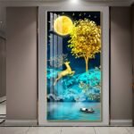Bright Moon shining its Golden light on a Golden Deer and Golden Money Tree Crystal porcelain painting Aluminum alloy frame with 5D Diamond - Image 2