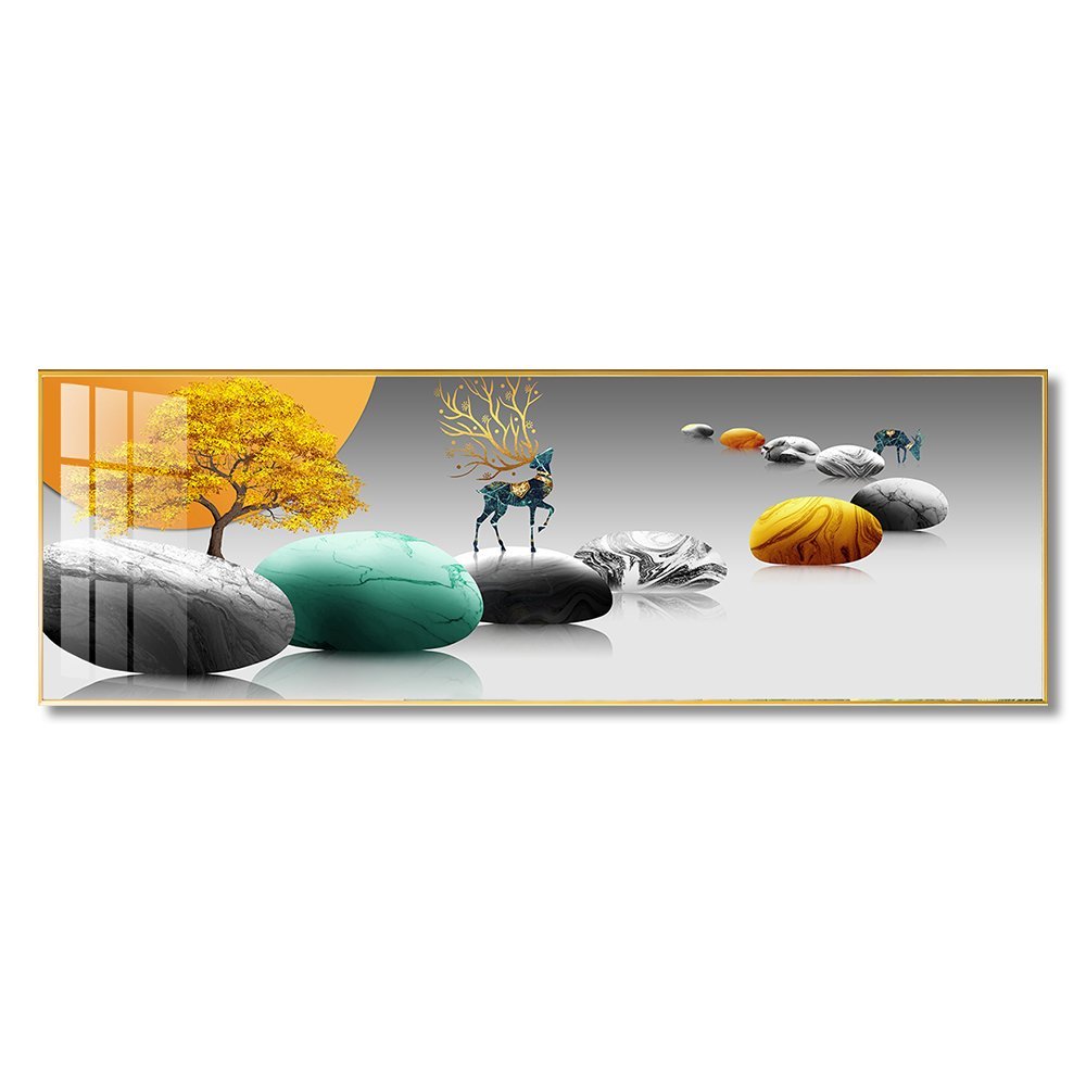 51.1 Precious Stones, Tree and Deer Abstract Art Crystal porcelain painting Aluminum alloy frame with 5D Diamond - Image 1