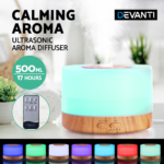 DEVANTI Aroma Diffuser Aromatherapy LED Night Light Air Humidifier Purifier Round Light Wood Grain 500ml Remote Control - Image 4
