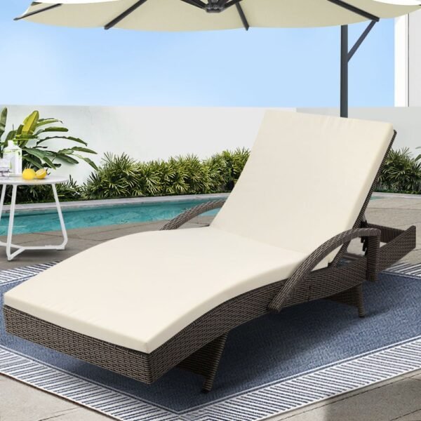 Gardeon Sun Lounge Wicker Lounger Outdoor Furniture Beach Chair Patio Adjustable Cushion Grey&Beige