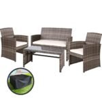 Gardeon 4 PCS Outdoor Sofa Set with Storage Cover Rattan Chair Furniture Grey - Image 7