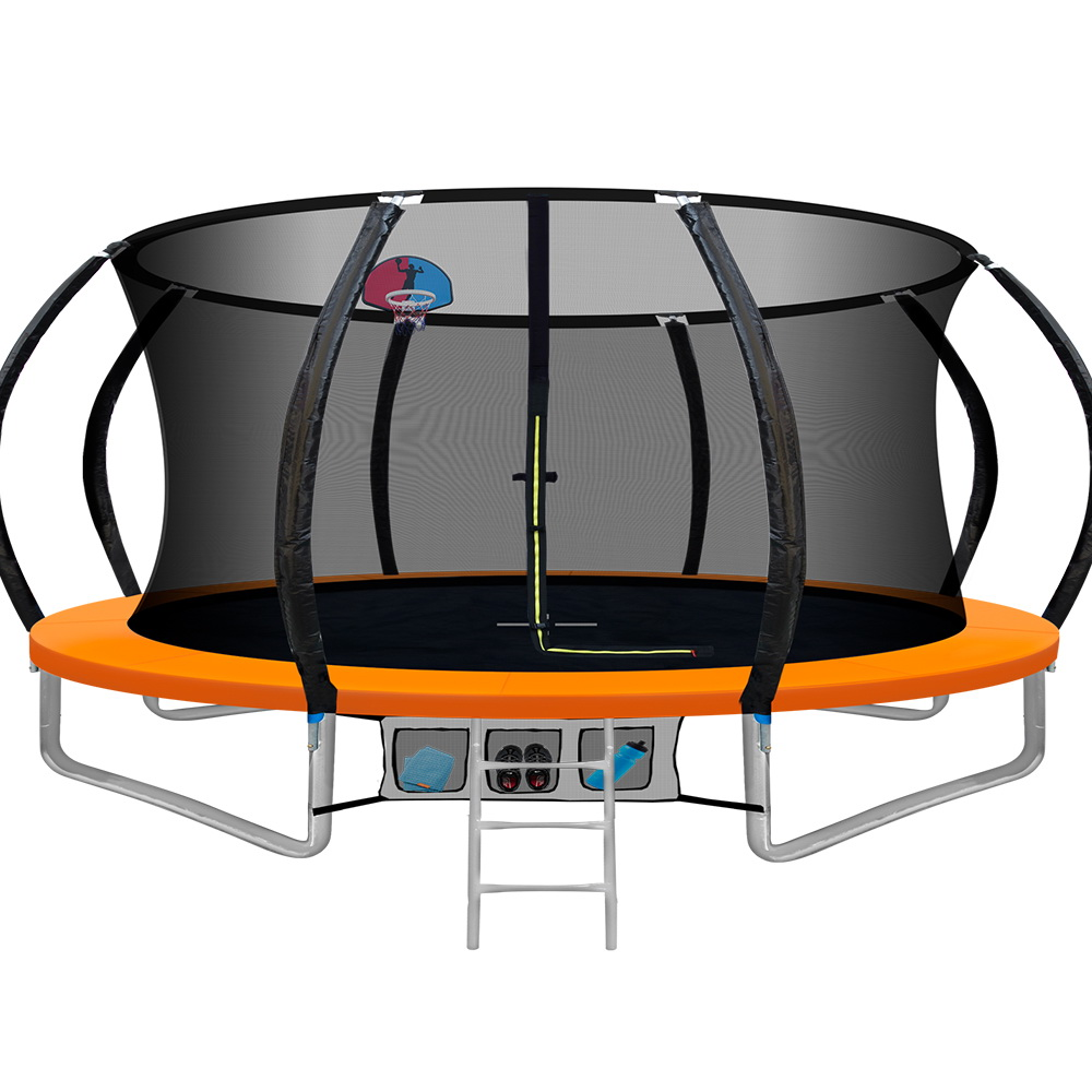 TRAMPO-C-C14-OR-ABC-00 Everfit 14FT Trampoline Round Trampolines With Basketball Hoop Kids Present Gift Enclosure Safety Net Pad Outdoor Orange - Image 1
